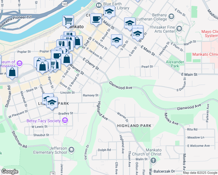 map of restaurants, bars, coffee shops, grocery stores, and more near 101 Glenwood Avenue in Mankato