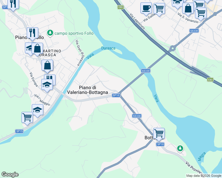map of restaurants, bars, coffee shops, grocery stores, and more near 25 Via II Traversale in Piano di Valeriano-bottagna