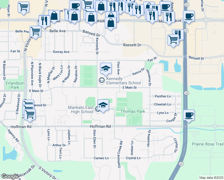 map of restaurants, bars, coffee shops, grocery stores, and more near 2621 East Main Street in Mankato