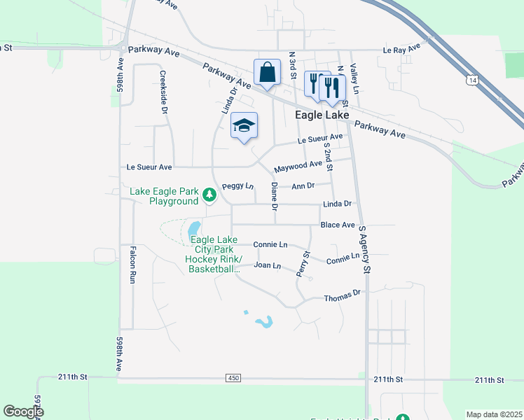 map of restaurants, bars, coffee shops, grocery stores, and more near 309 Linda Drive in Eagle Lake
