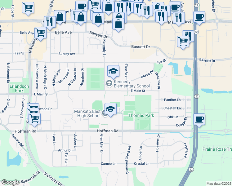 map of restaurants, bars, coffee shops, grocery stores, and more near 2621 East Main Street in Mankato