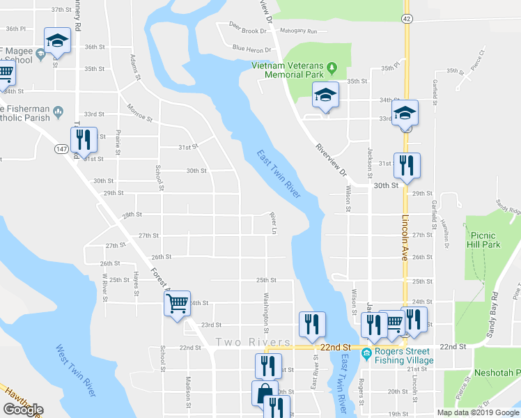 map of restaurants, bars, coffee shops, grocery stores, and more near 1500 Parkview Lane in Two Rivers