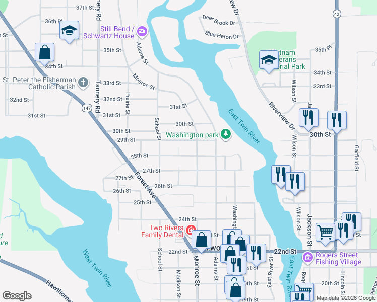 map of restaurants, bars, coffee shops, grocery stores, and more near 2807 West Street in Two Rivers