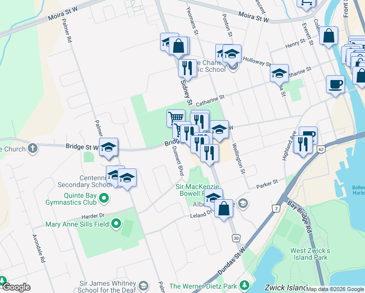 map of restaurants, bars, coffee shops, grocery stores, and more near 205 Bridge Street West in Belleville