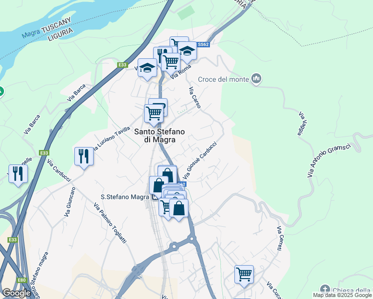 map of restaurants, bars, coffee shops, grocery stores, and more near 11 Via Ricciallo in Santo Stefano di Magra