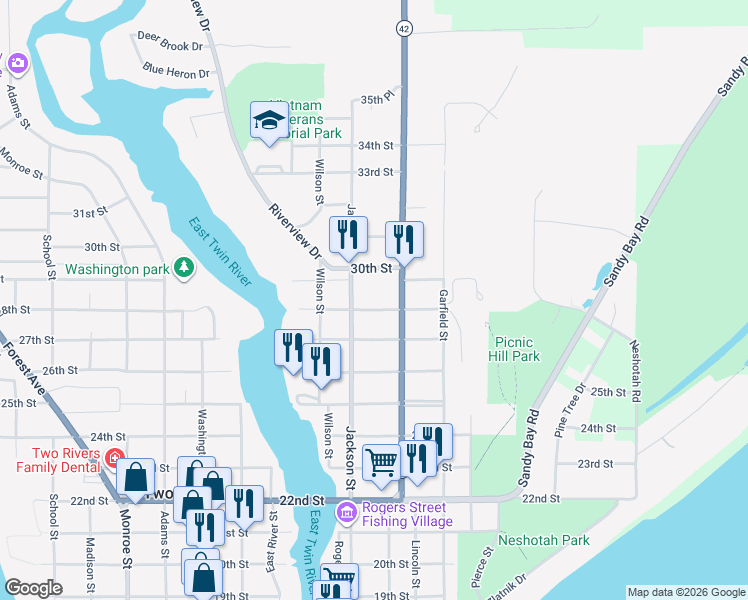map of restaurants, bars, coffee shops, grocery stores, and more near 1020 28th Street in Two Rivers