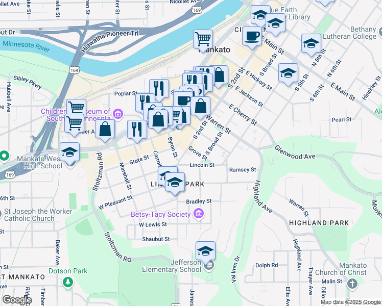 map of restaurants, bars, coffee shops, grocery stores, and more near in Mankato