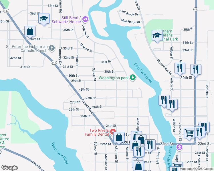 map of restaurants, bars, coffee shops, grocery stores, and more near 2807 West Street in Two Rivers