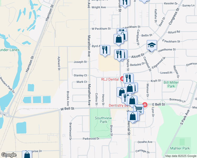 map of restaurants, bars, coffee shops, grocery stores, and more near 214 Stanley Street in Neenah