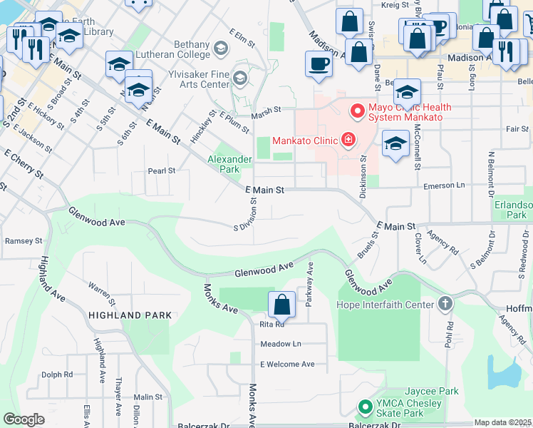 map of restaurants, bars, coffee shops, grocery stores, and more near 10 Roblen Court in Mankato