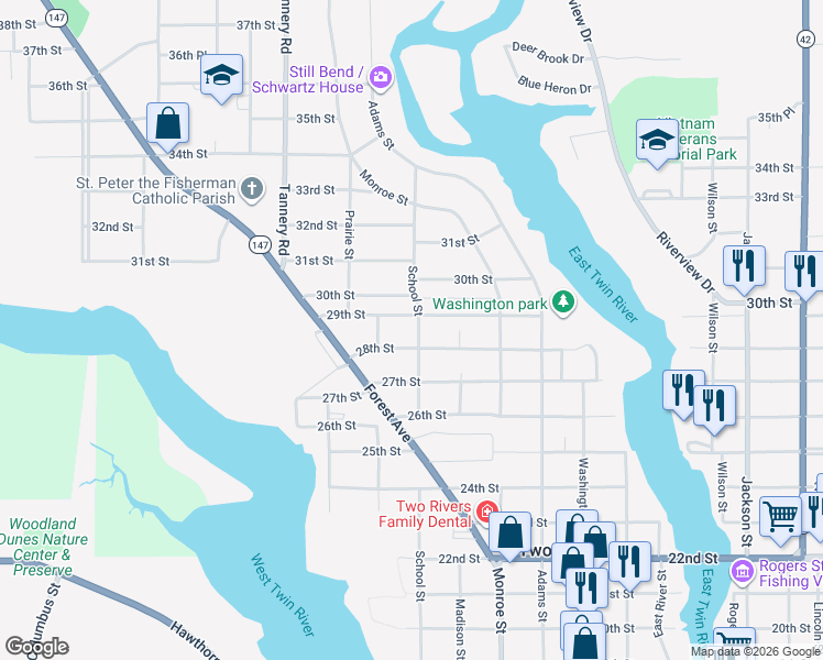 map of restaurants, bars, coffee shops, grocery stores, and more near 2811 School Street in Two Rivers