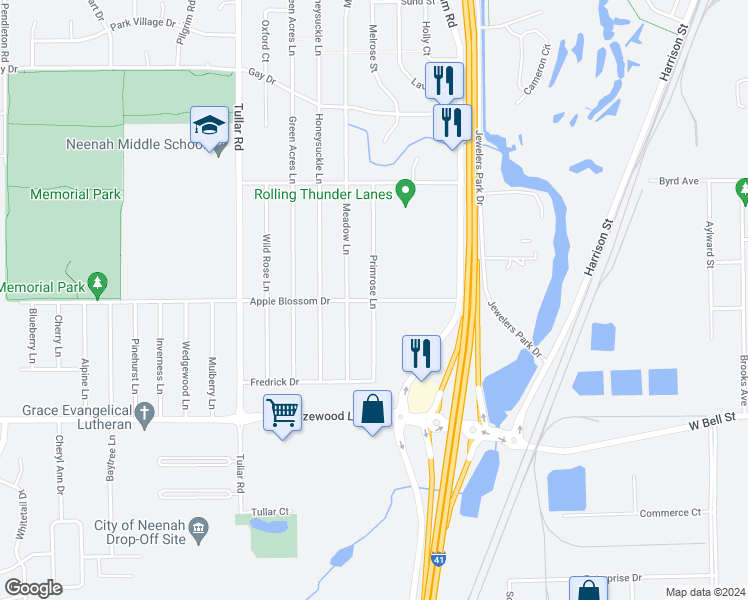 map of restaurants, bars, coffee shops, grocery stores, and more near Primrose Lane in Neenah