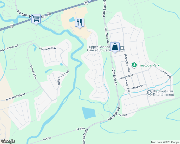 map of restaurants, bars, coffee shops, grocery stores, and more near 100 Riverview Road in New Tecumseth