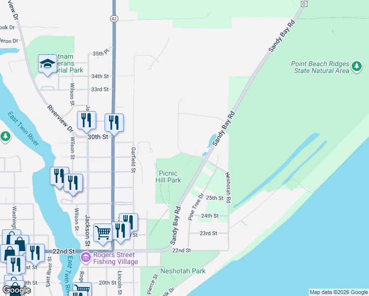 map of restaurants, bars, coffee shops, grocery stores, and more near 2816 Sandy Ridge Drive in Two Rivers