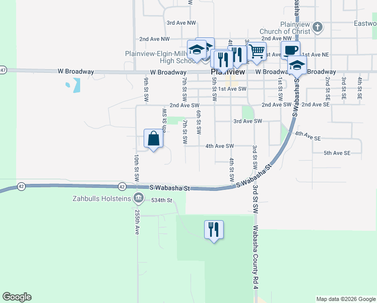 map of restaurants, bars, coffee shops, grocery stores, and more near 415 7th Street Southwest in Plainview