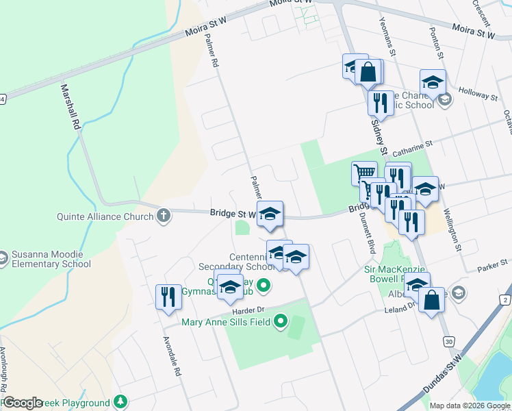 map of restaurants, bars, coffee shops, grocery stores, and more near 240 Palmer Road in Belleville