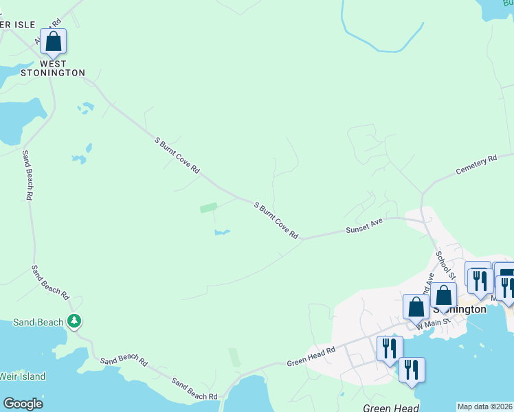 map of restaurants, bars, coffee shops, grocery stores, and more near 33 South Burnt Cove Road in Stonington