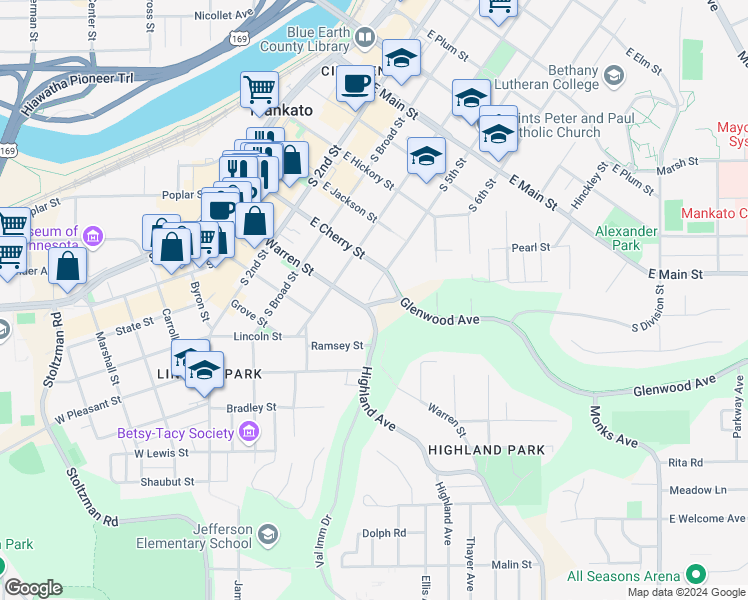 map of restaurants, bars, coffee shops, grocery stores, and more near 429 Warren Street in Mankato