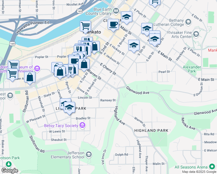 map of restaurants, bars, coffee shops, grocery stores, and more near 609 South 4th Street in Mankato
