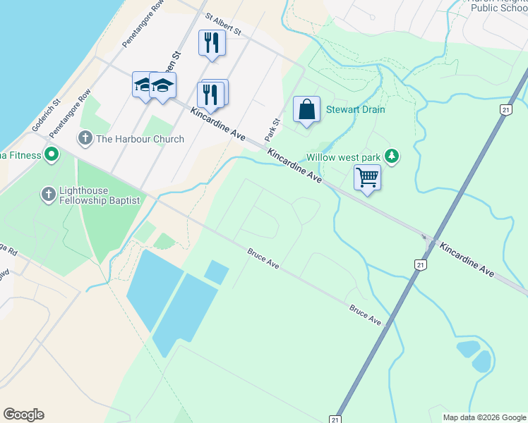 map of restaurants, bars, coffee shops, grocery stores, and more near Morrison Crescent in Kincardine