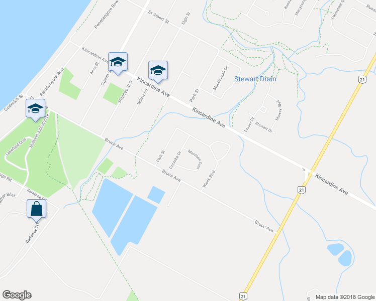 map of restaurants, bars, coffee shops, grocery stores, and more near Morrison Crescent in Kincardine