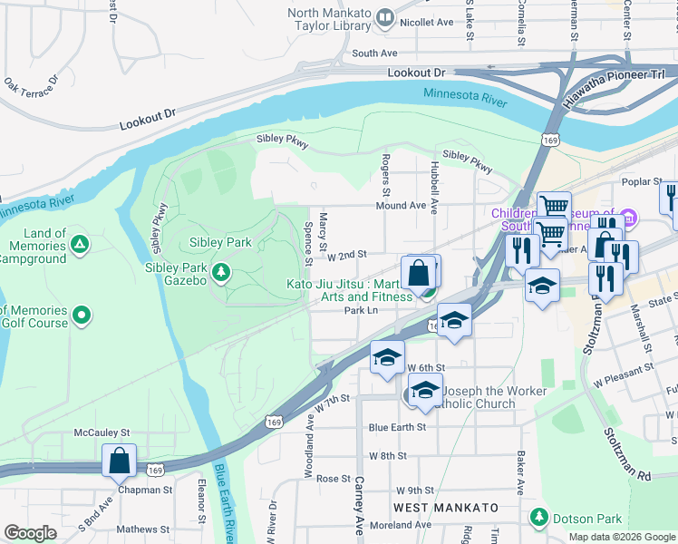 map of restaurants, bars, coffee shops, grocery stores, and more near 614 West 3rd Street in Mankato