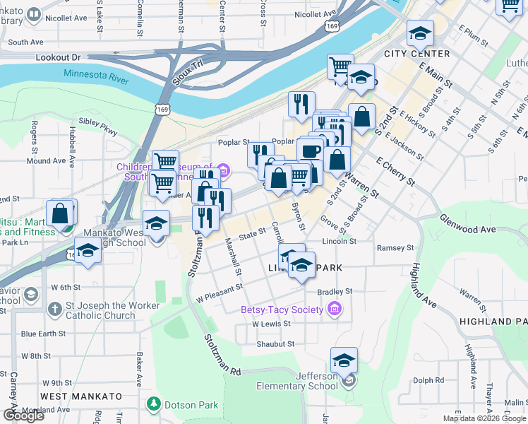 map of restaurants, bars, coffee shops, grocery stores, and more near 210 State Street in Mankato