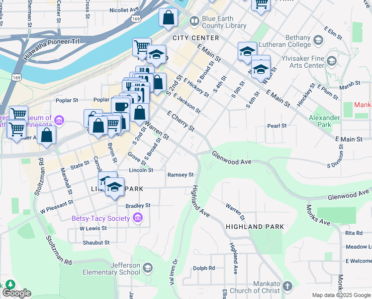 map of restaurants, bars, coffee shops, grocery stores, and more near 429 Warren St in Mankato
