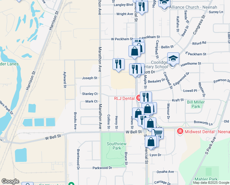map of restaurants, bars, coffee shops, grocery stores, and more near 214 Stanley Street in Neenah