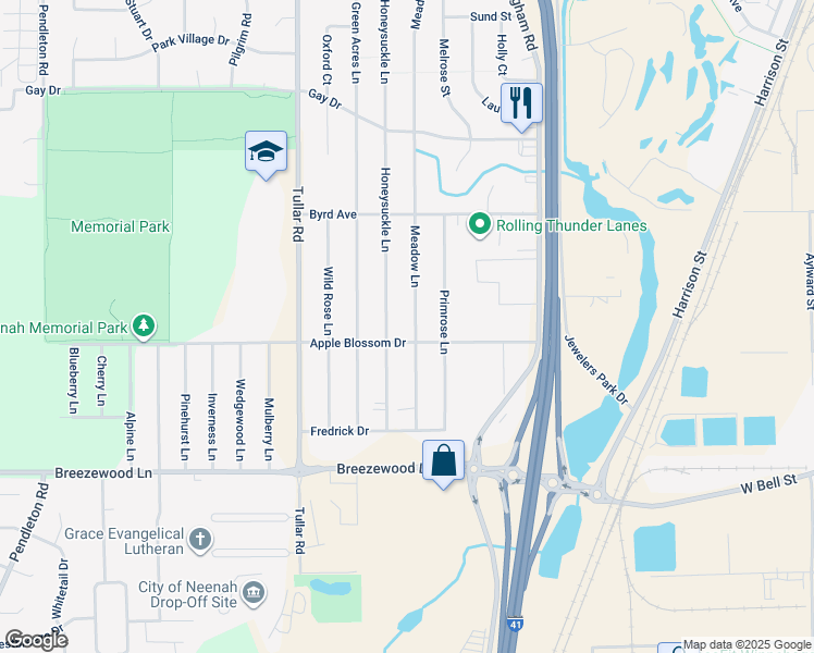 map of restaurants, bars, coffee shops, grocery stores, and more near 1007 Apple Blossom Drive in Neenah