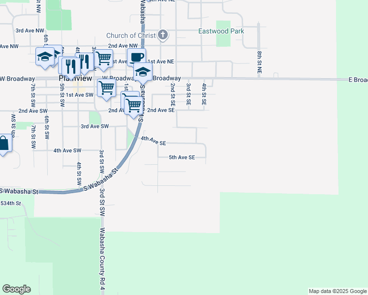 map of restaurants, bars, coffee shops, grocery stores, and more near 320 5th Avenue Southeast in Plainview