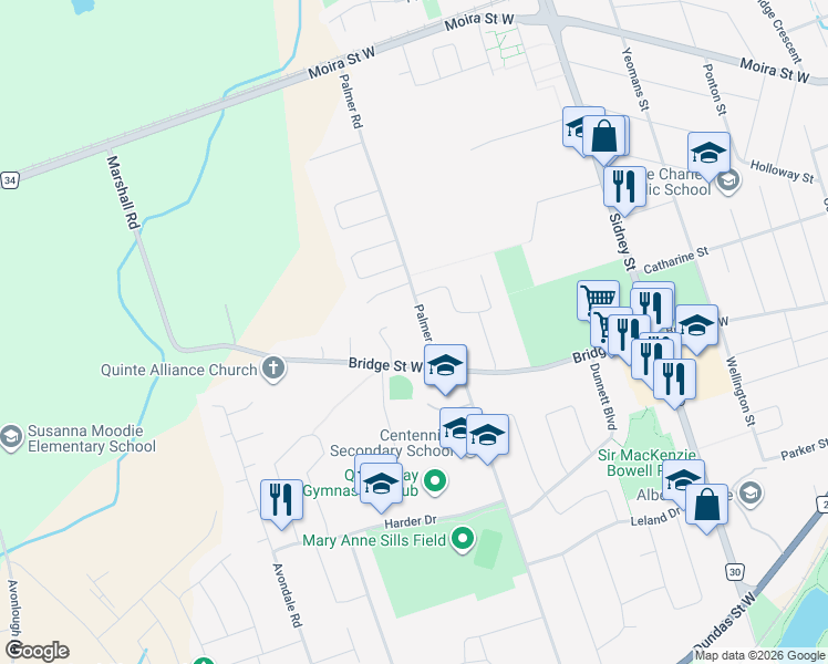 map of restaurants, bars, coffee shops, grocery stores, and more near 240 Palmer Road in Belleville