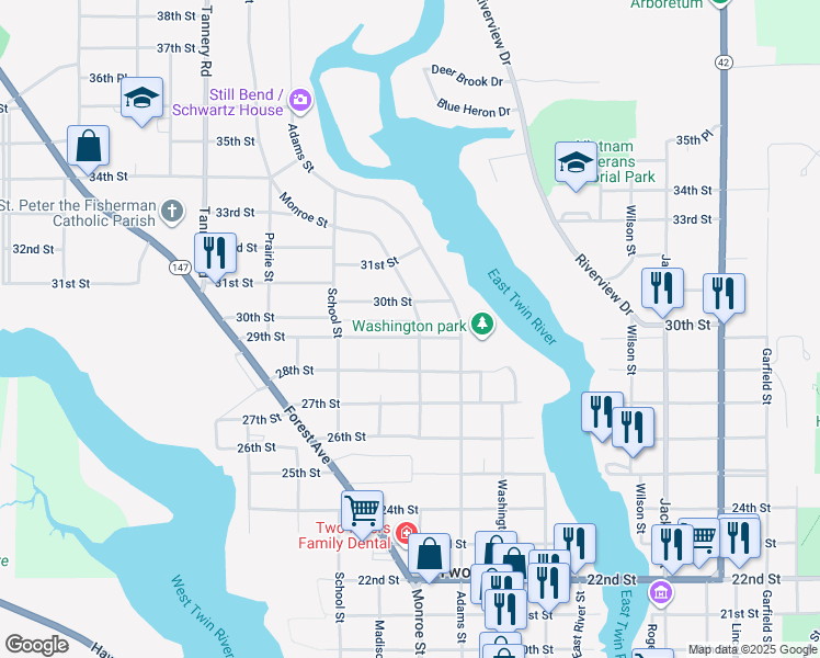map of restaurants, bars, coffee shops, grocery stores, and more near 2813 Monroe Street in Two Rivers