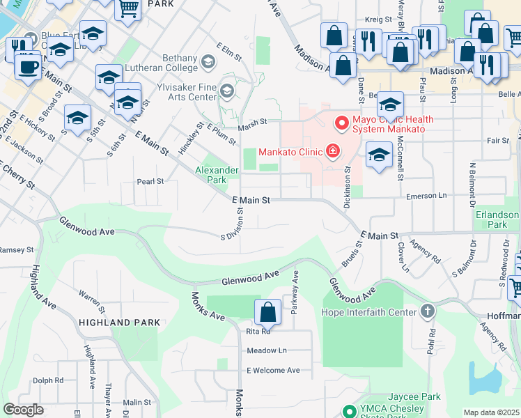 map of restaurants, bars, coffee shops, grocery stores, and more near 10 Roblen Court in Mankato