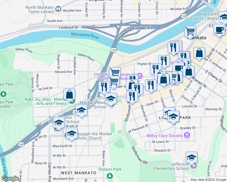 map of restaurants, bars, coffee shops, grocery stores, and more near 1200 South Riverfront Drive in Mankato