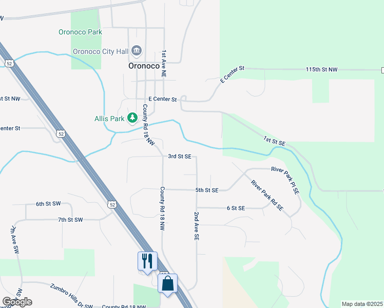 map of restaurants, bars, coffee shops, grocery stores, and more near 125 3rd Street Southeast in Oronoco