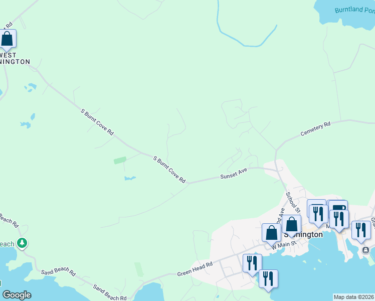 map of restaurants, bars, coffee shops, grocery stores, and more near 33 South Burnt Cove Road in Stonington