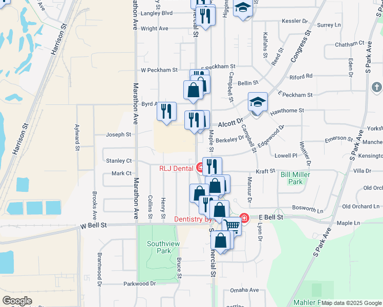 map of restaurants, bars, coffee shops, grocery stores, and more near 1405 South Commercial Street in Neenah
