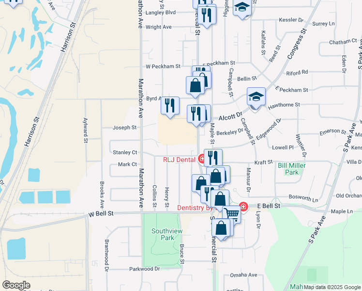 map of restaurants, bars, coffee shops, grocery stores, and more near 1425 South Commercial Street in Neenah