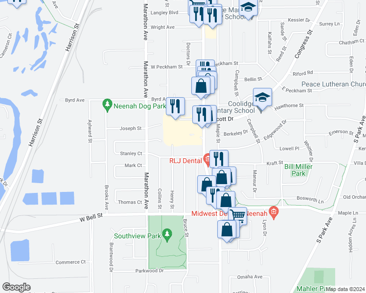 map of restaurants, bars, coffee shops, grocery stores, and more near 1425 South Commercial Street in Neenah