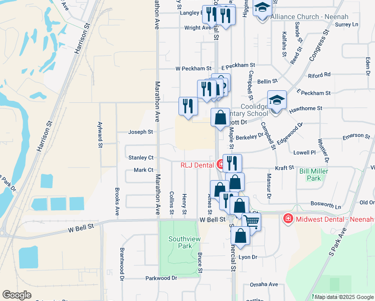 map of restaurants, bars, coffee shops, grocery stores, and more near 1425 South Commercial Street in Neenah