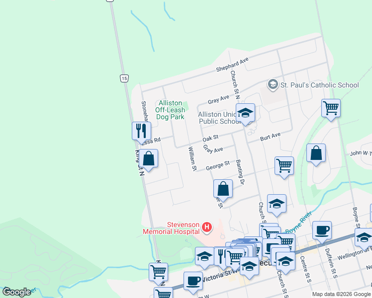 map of restaurants, bars, coffee shops, grocery stores, and more near 5 Oak Street in New Tecumseth