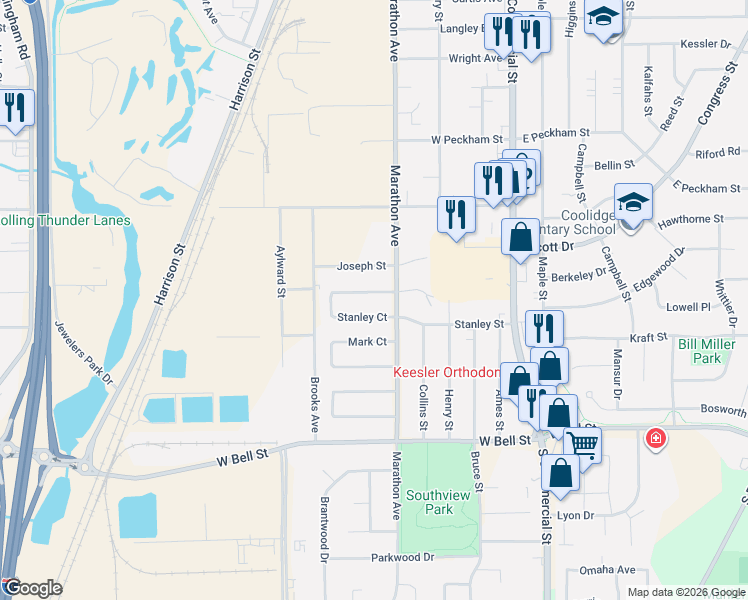 map of restaurants, bars, coffee shops, grocery stores, and more near 382 Stanley Court in Neenah