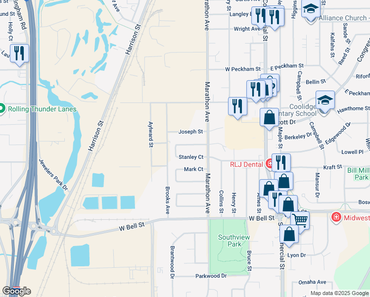 map of restaurants, bars, coffee shops, grocery stores, and more near 382 Stanley Court in Neenah