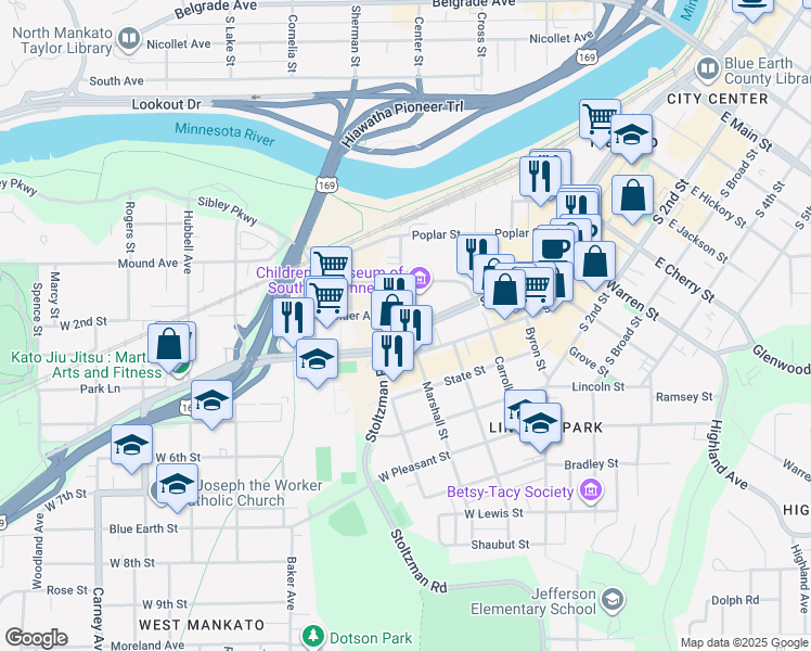 map of restaurants, bars, coffee shops, grocery stores, and more near 224 Lamm Street in Mankato