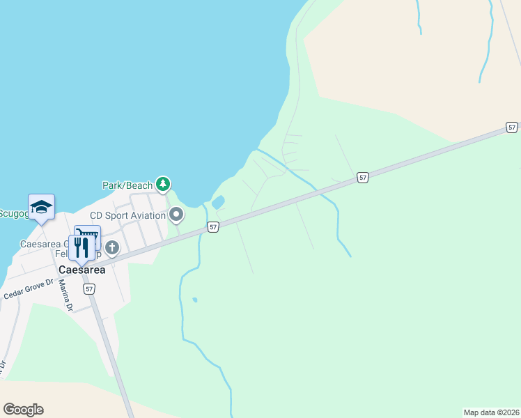 map of restaurants, bars, coffee shops, grocery stores, and more near 3751 Regional Road 57 in Caesarea