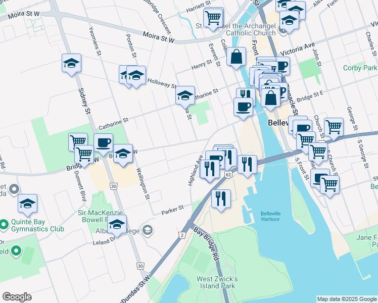 map of restaurants, bars, coffee shops, grocery stores, and more near 81 Bridge Street West in Belleville
