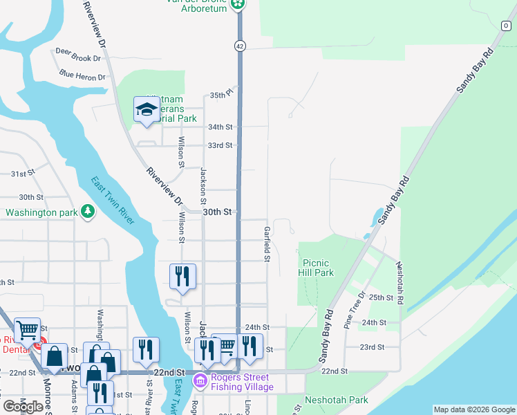 map of restaurants, bars, coffee shops, grocery stores, and more near 2924 Garfield Street in Two Rivers
