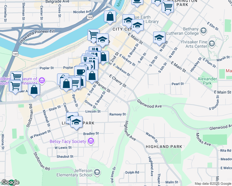 map of restaurants, bars, coffee shops, grocery stores, and more near 519 South Broad Street in Mankato