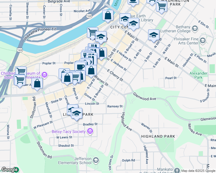 map of restaurants, bars, coffee shops, grocery stores, and more near 519 South Broad Street in Mankato